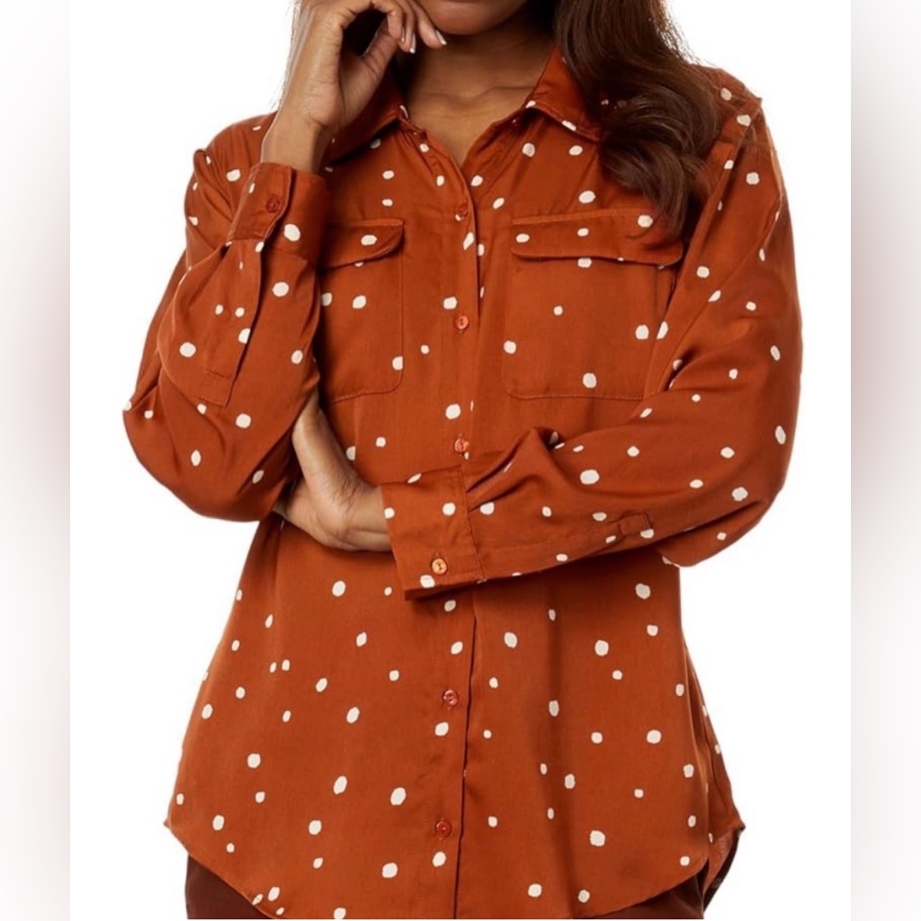 Liverpool Los Angeles Rust With Cream Polka Dot Button-Up Shirt - Size Large